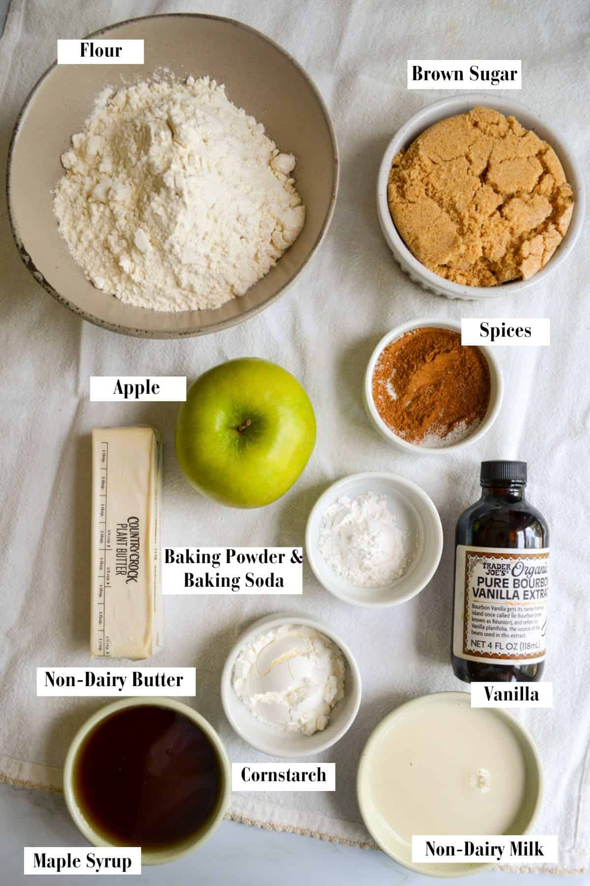 Ingredients for making this recipe in small bowls on a linen cloth.