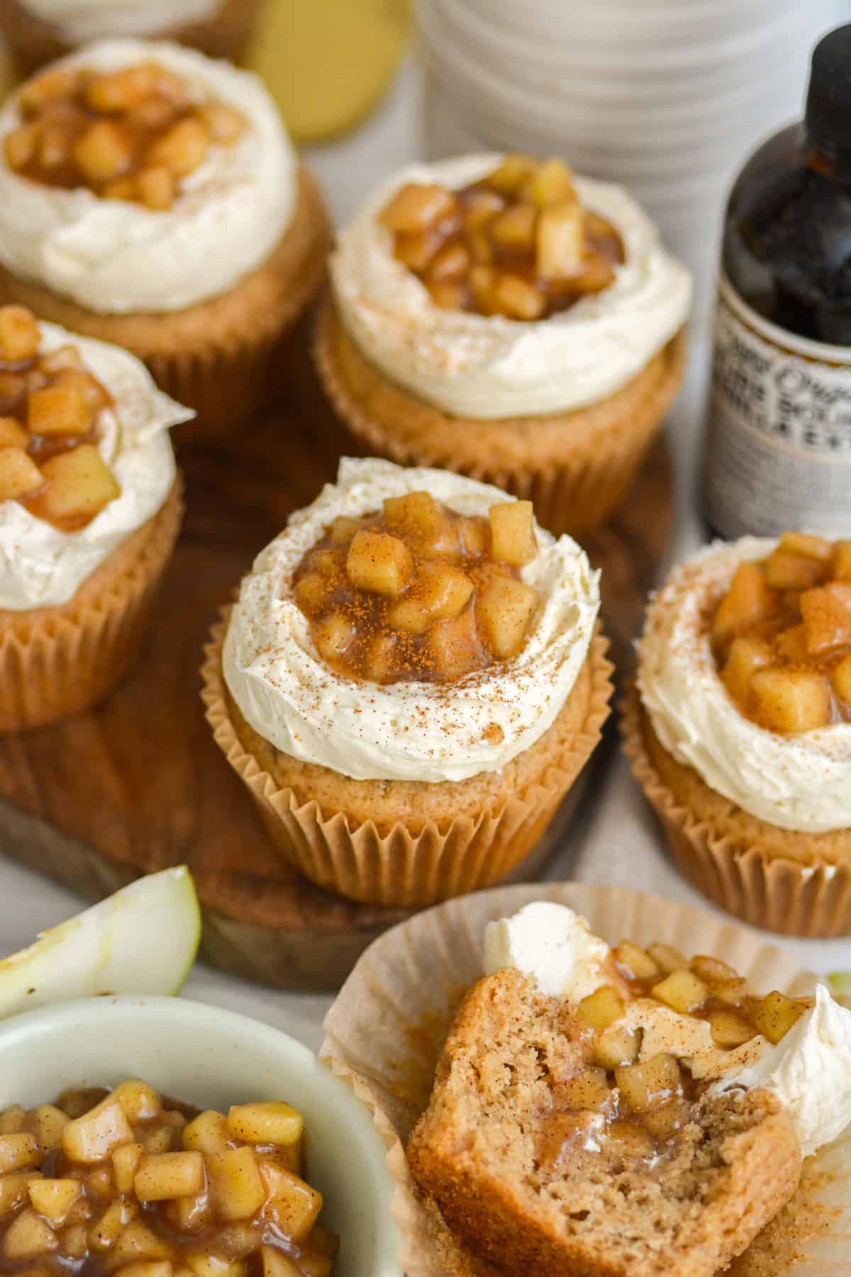 Spiced Apple Pie Cupcakes in a small wooden board.