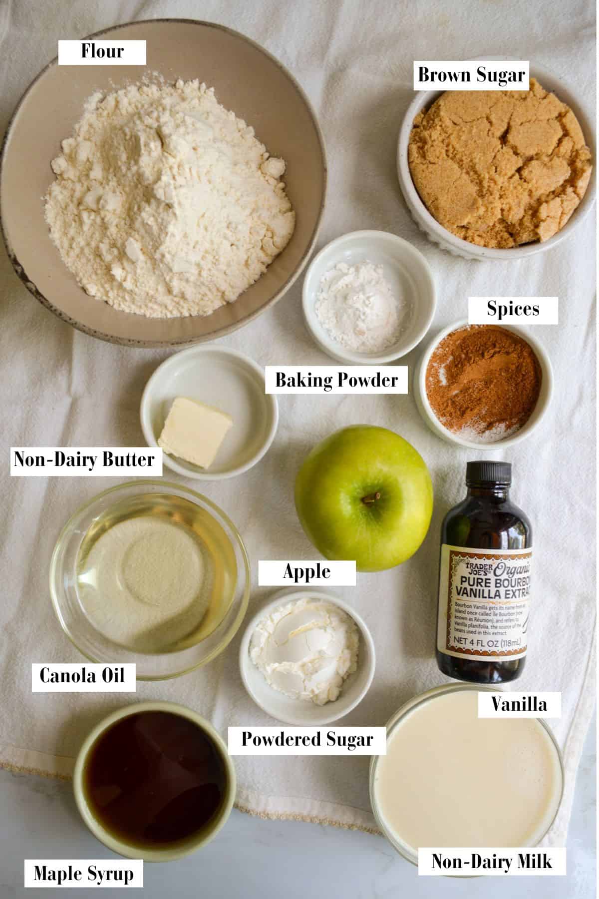 Ingredients for making this recipe in small bowls on a linen cloth.