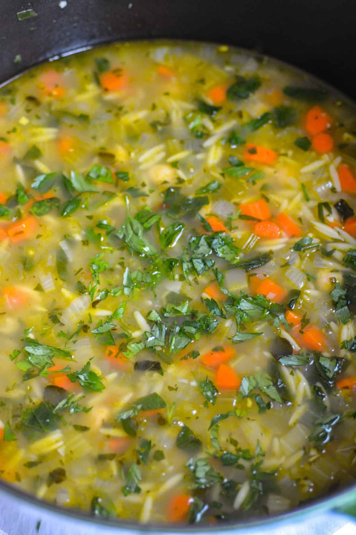 Vegan Lemon Vegetable Orzo Soup topped with parsley in a large pot.