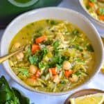 Vegan Lemon Vegetable Orzo Soup in a bowl.