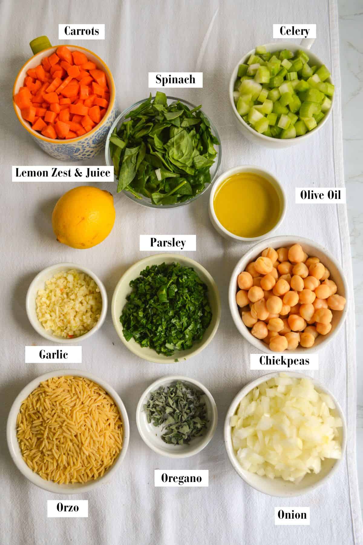 Ingredients for making this recipe in small bowls on a linen cloth.