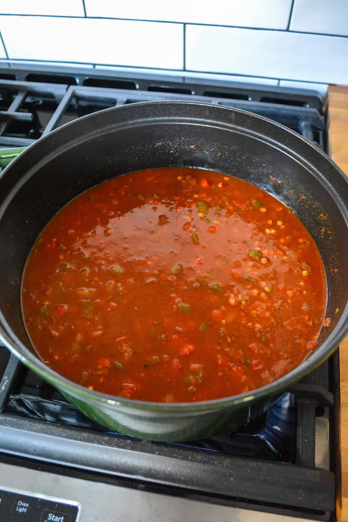 Lentil chili ready to simmer.