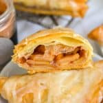 Apple Turnover with phyllo dough cut in half to show the interior.