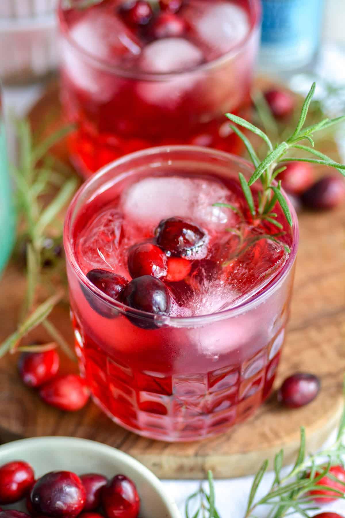 Cranberry Gin Cocktail in a rocks glass garnished with fresh cranberries.