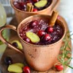A Cranberry Juice Mocktail in a mug garnished with a cinnamon stick.