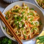 Vegan Peanut Udon Noodles in a bowl with chopsticks.