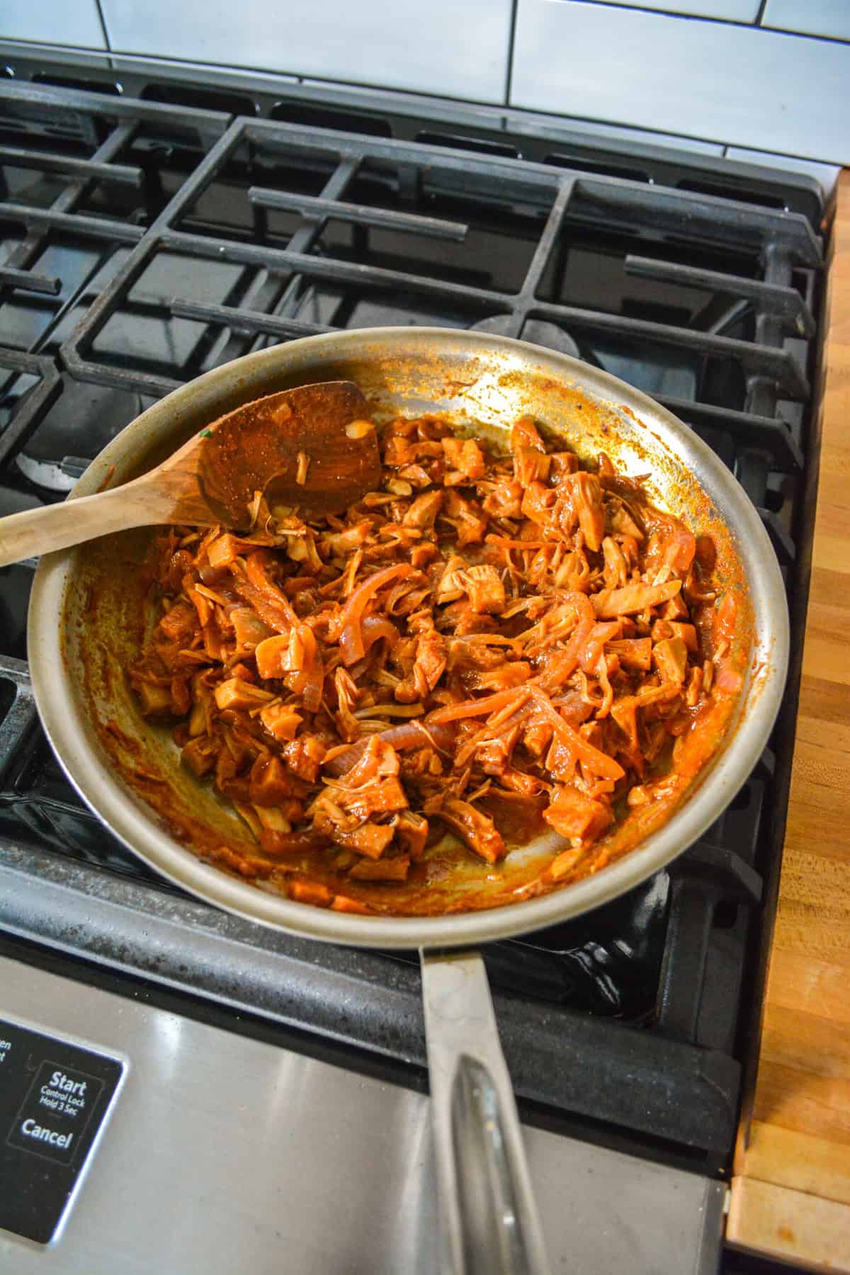 Smoky Barbecue Pulled Jackfruit in a skillet.