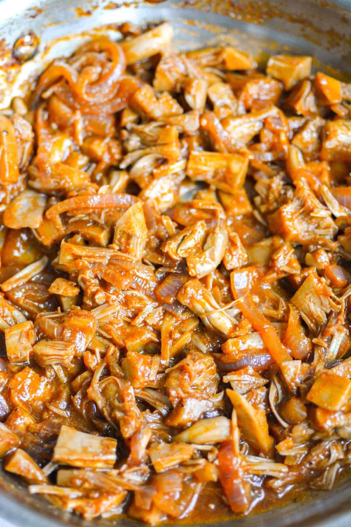 Smoky BBQ Jackfruit Pulled Pork in a skillet.