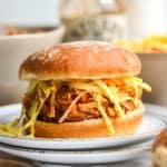 BBQ Jackfruit Pulled Pork on a bun with coleslaw.