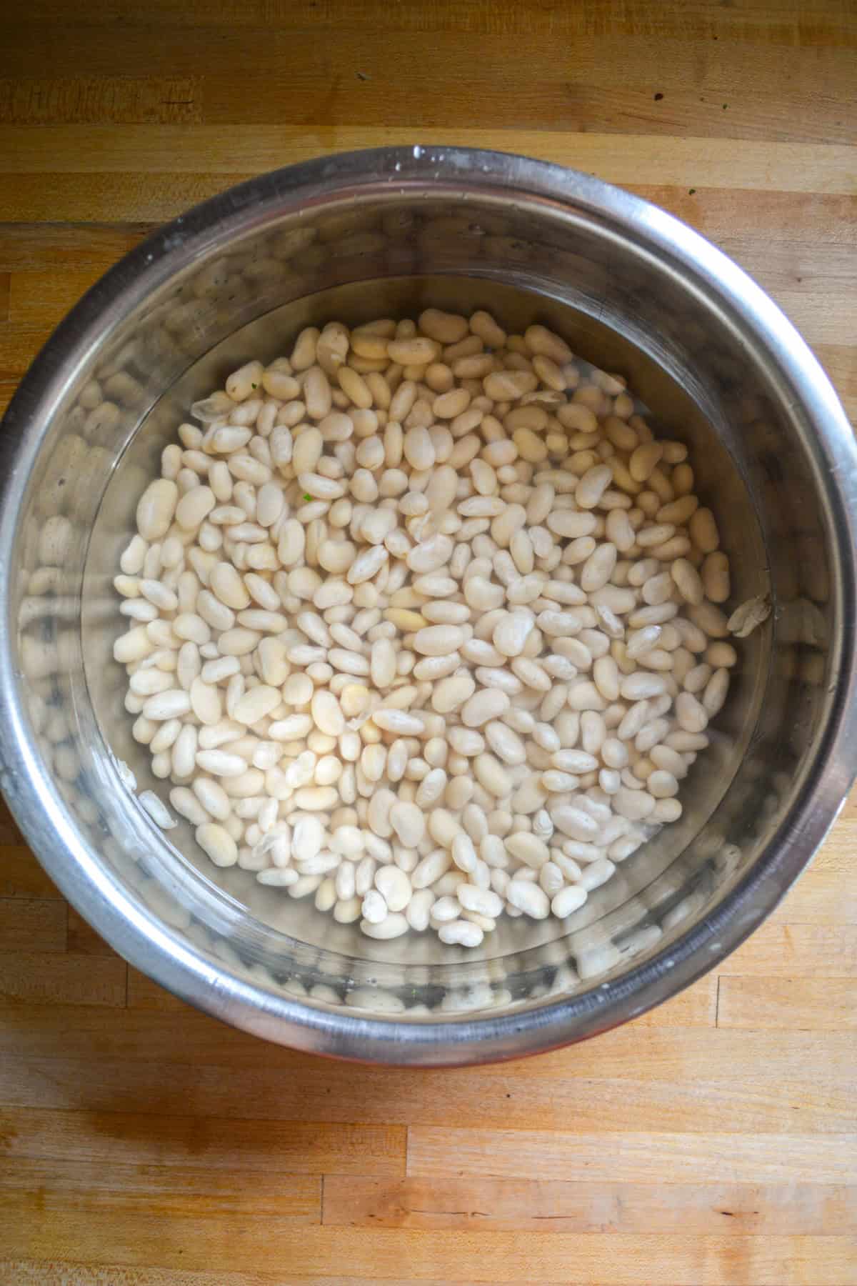 Beans soaking in a large metal bowl.