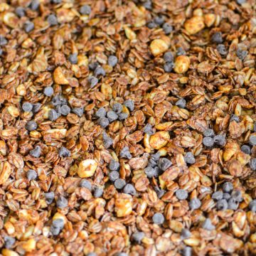 Dark Chocolate Granola topped with chocolate chips.