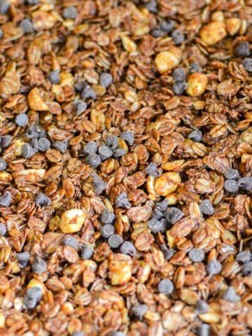 Dark Chocolate Granola topped with chocolate chips.