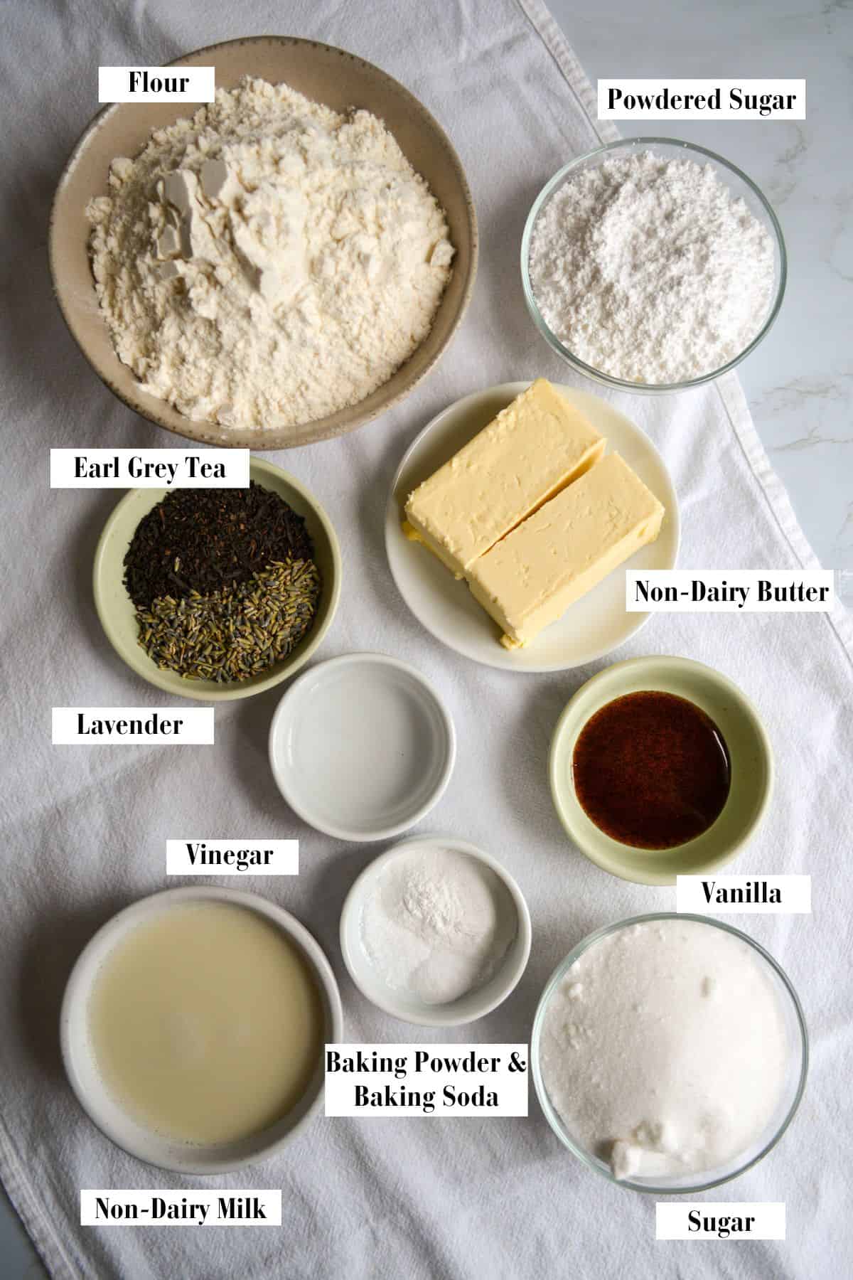 Ingredients for making this recipe in small bowls on a linen cloth.