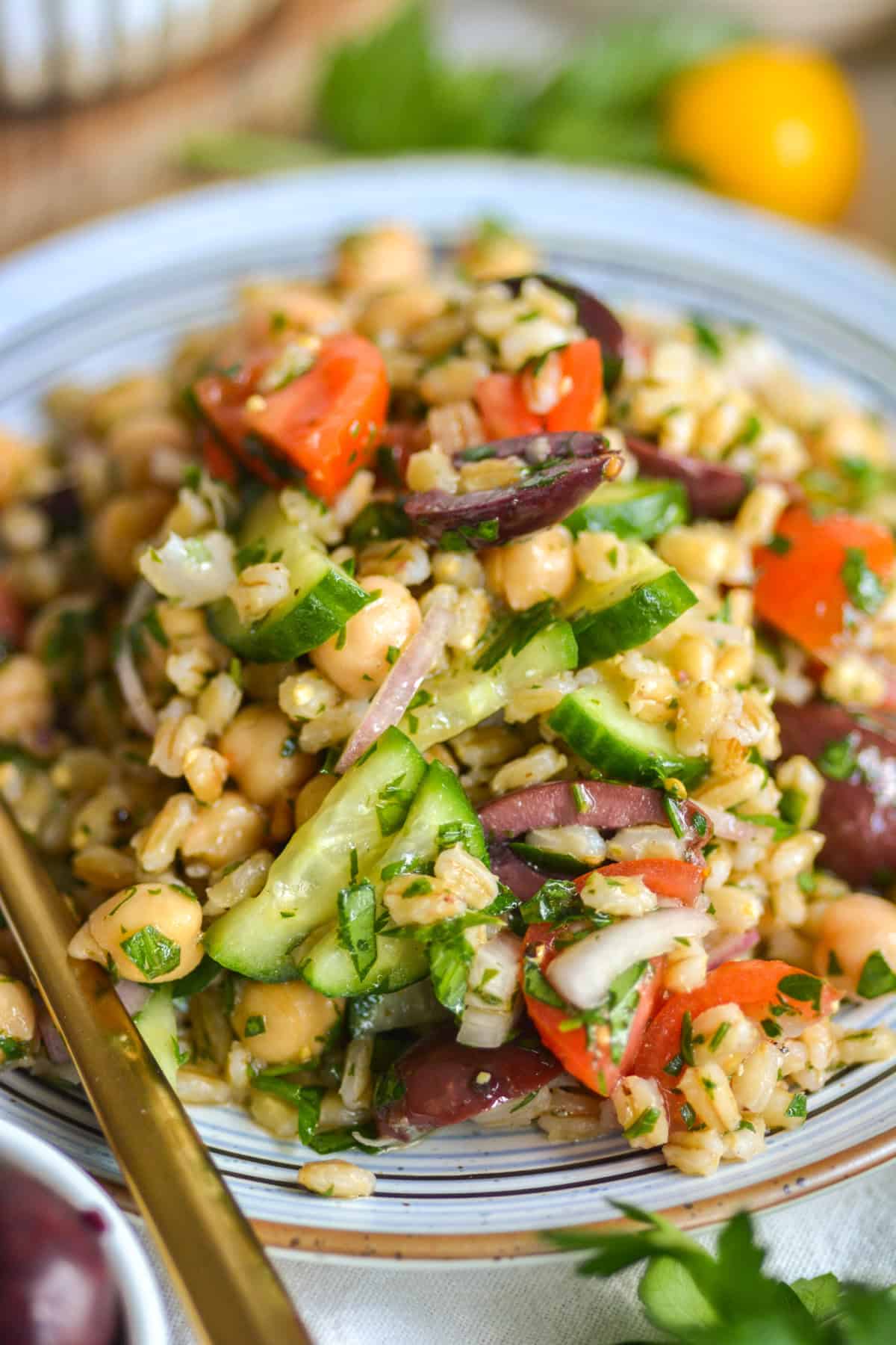 Close up of Barley Salad on a plate with sliced cucumber and chopped cherry tomatoes.