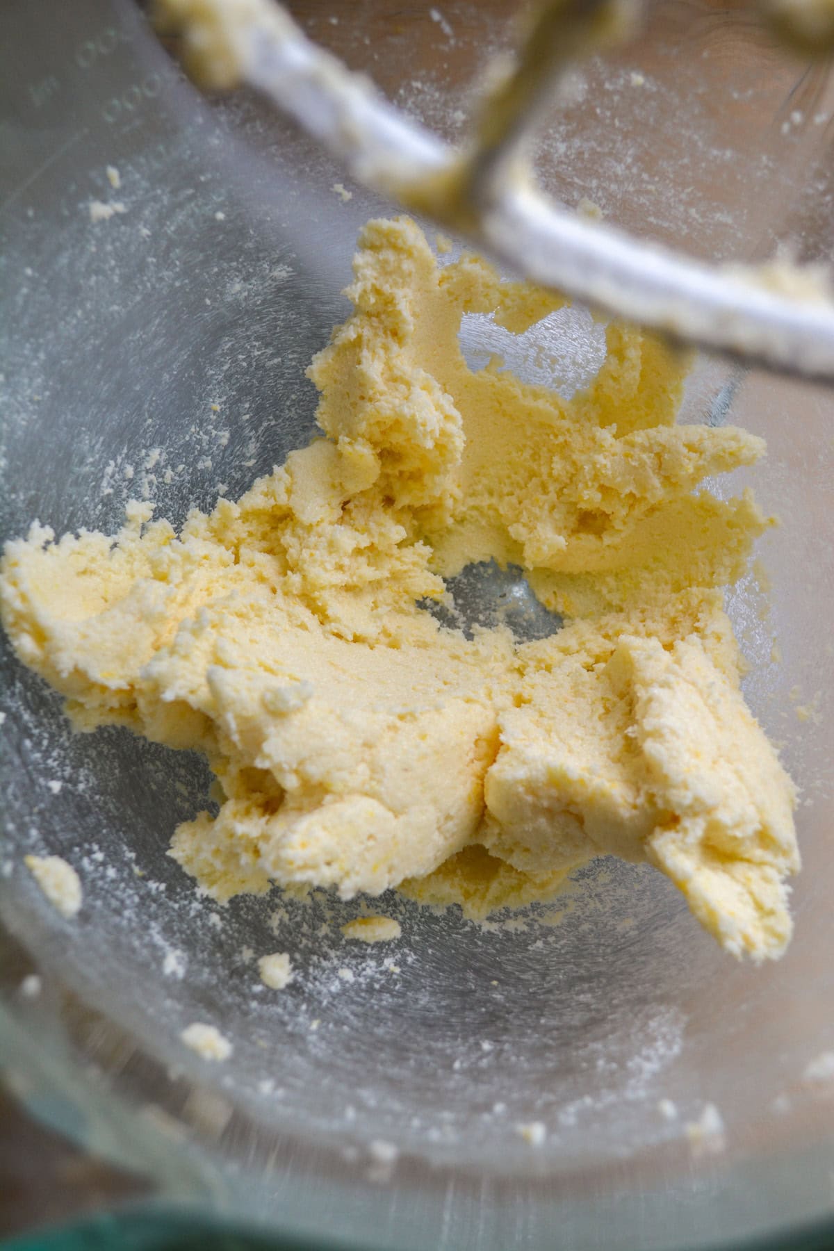 Non-dairy butter, sugar and lemon zest creamed together in a stand mixer.