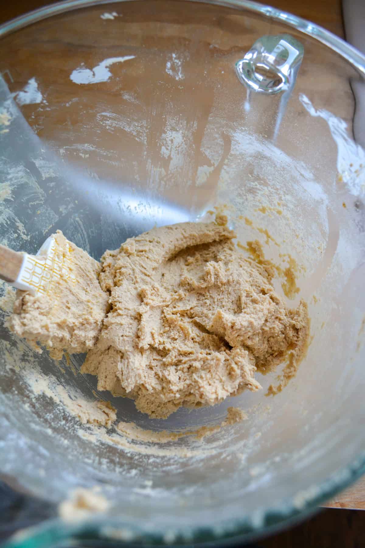 Cookie dough in a mixing bowl.