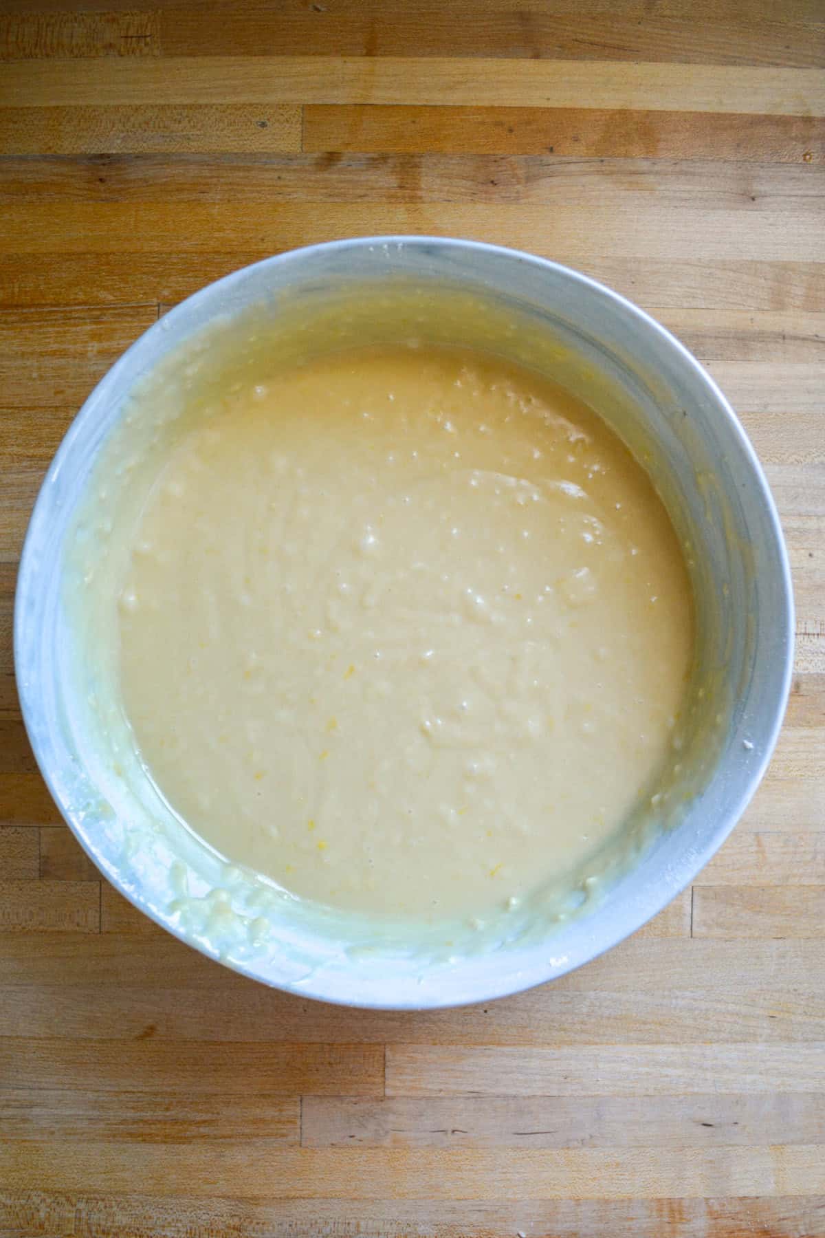 Cake batter in a large mixing bowl.