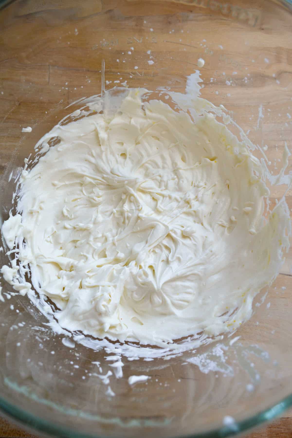 Vegan Chantilly Cream in a glass bowl.