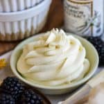 Vegan Whipped Cream frosting piped into a small bowl.