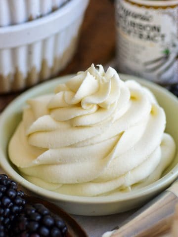 Vegan Whipped Cream frosting piped into a small bowl.