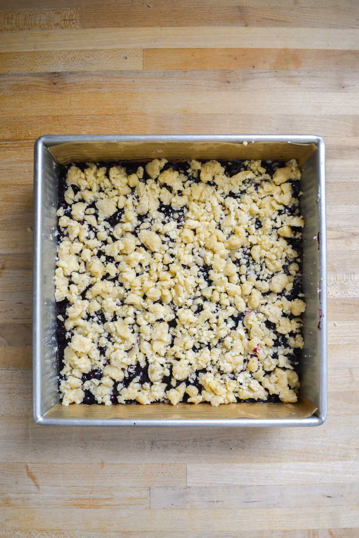 Blueberry Crumble Bars ready to go into the oven.