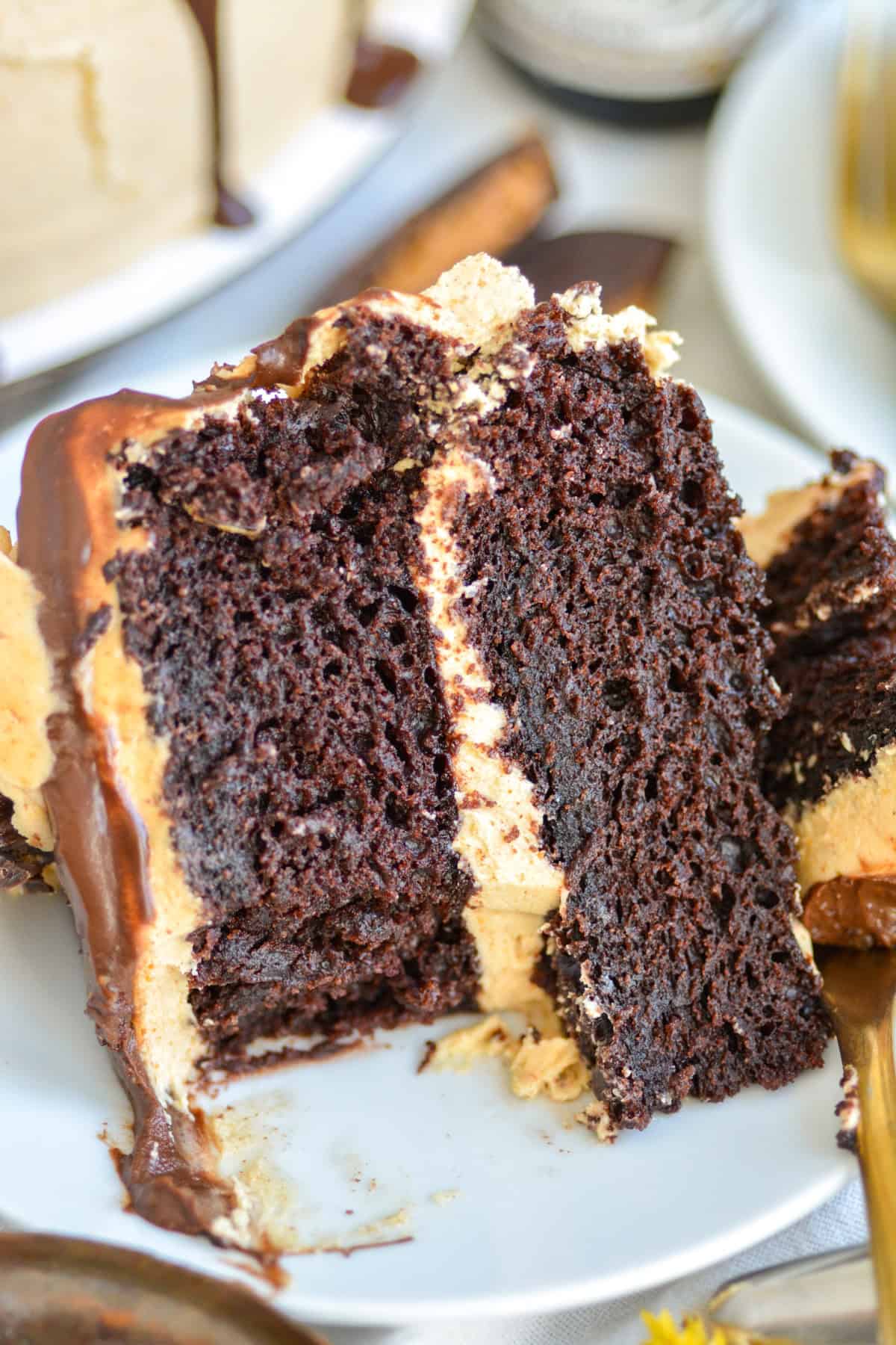 A slice of Chocolate Peanut Butter Cake with a bite taken out of it on a small white plate.