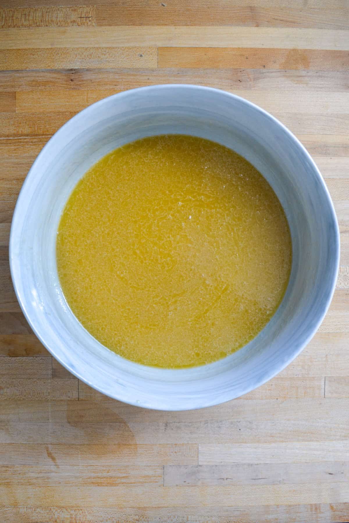 Wet ingredients in a large mixing bowl.