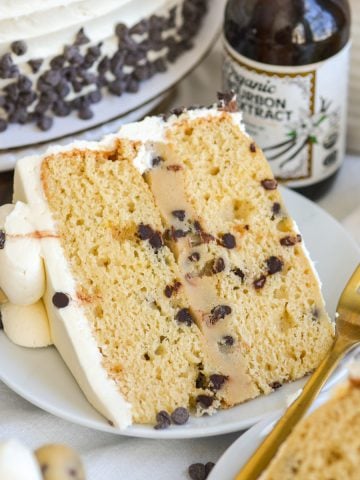 A Cookie Dough Cake slice on a small plate.