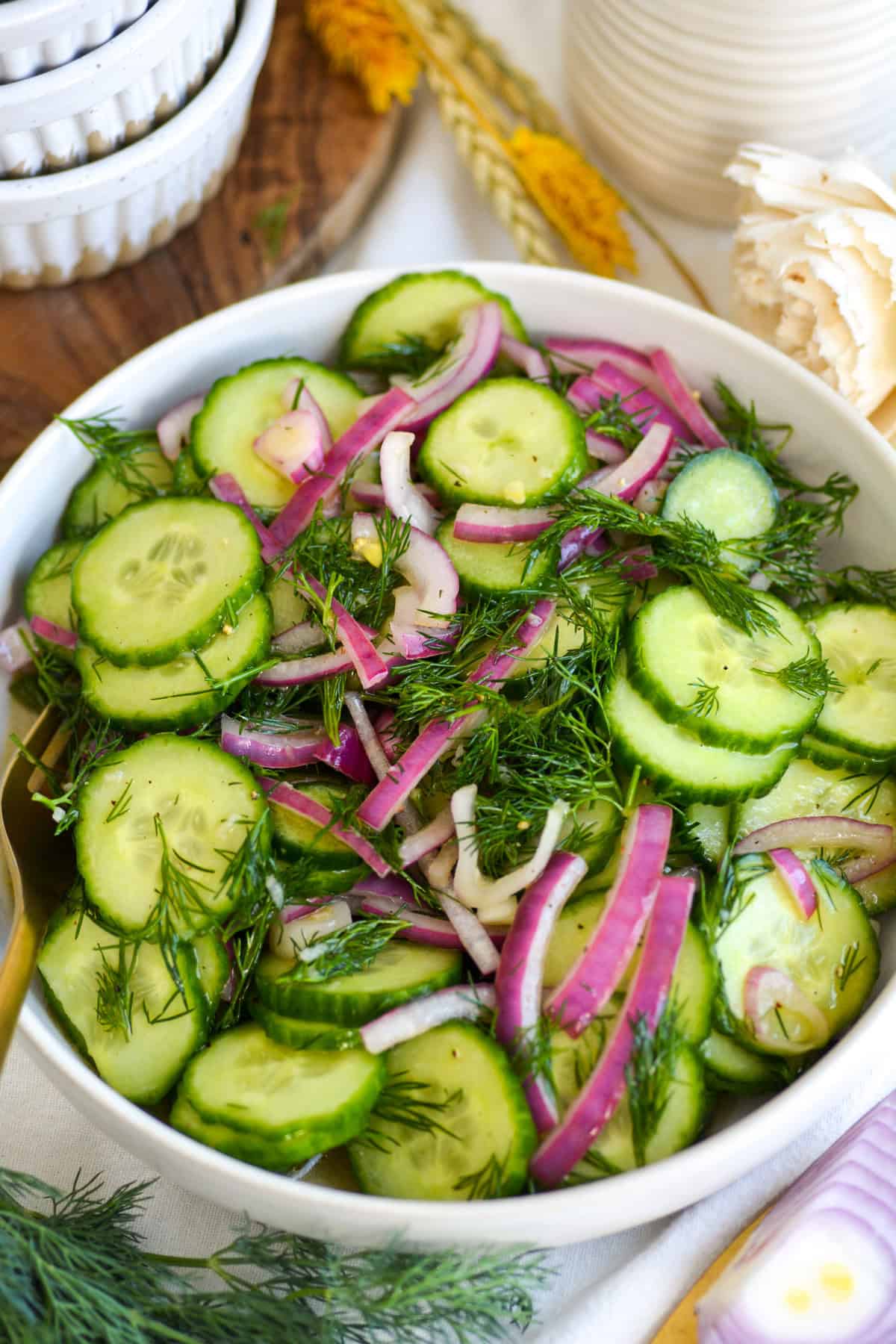 Cucumber Onion and Dill Salad in a bowl.
