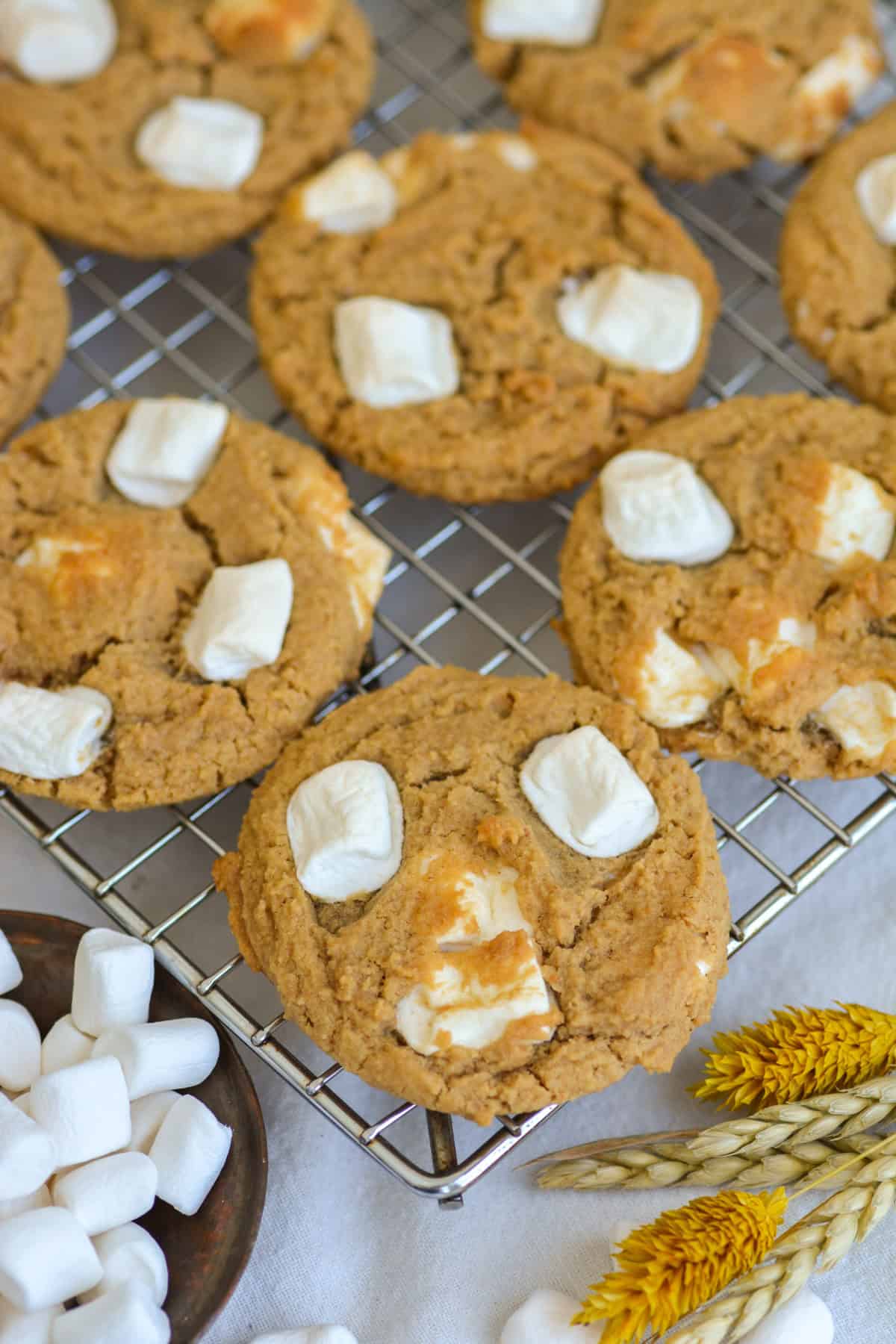 Fluffernutter Cookies on a wire cooling rack.