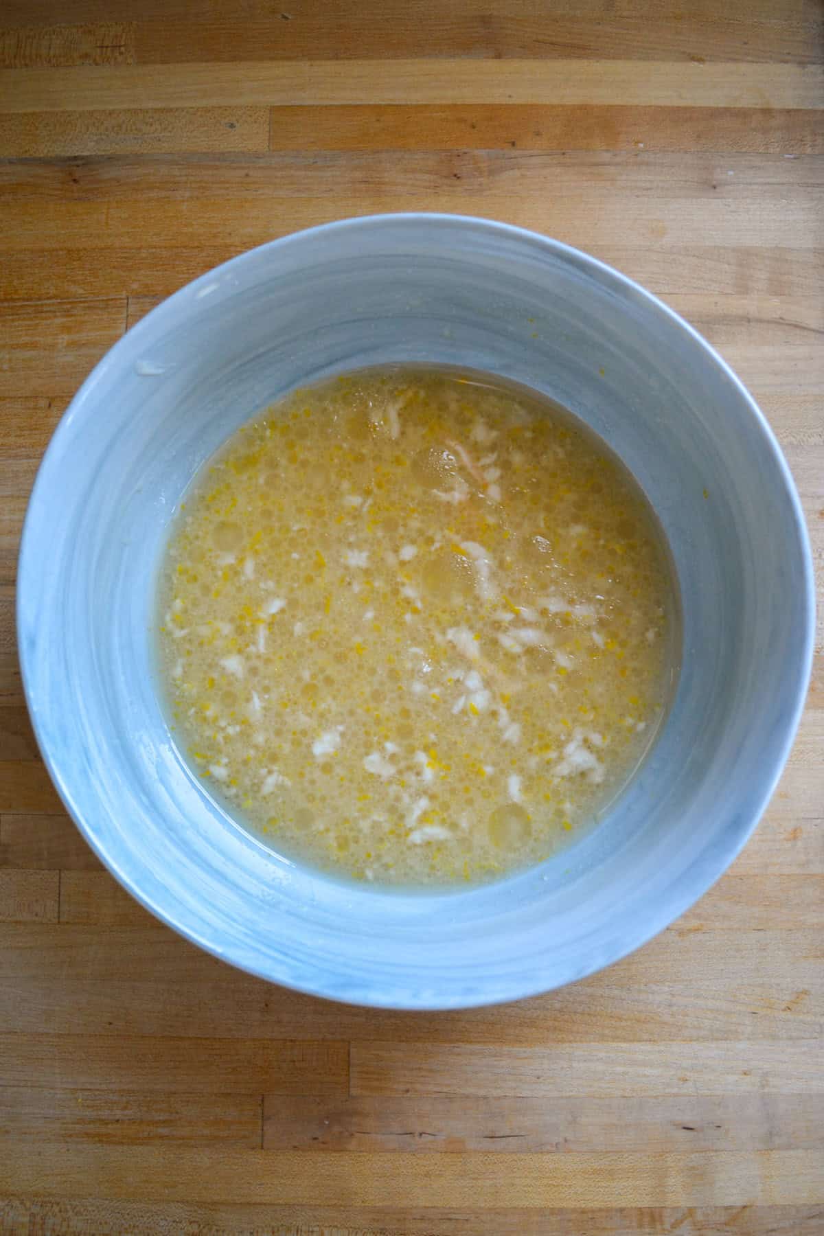 Wet ingredients in a large mixing bowl.