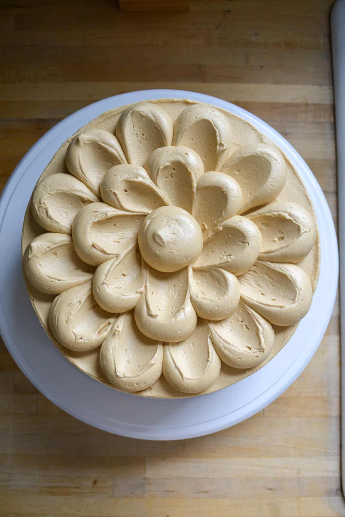 Finished cake on a turntable.