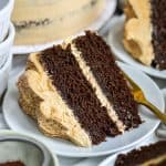 A slice of Chocolate Espresso Cake on a white plate.
