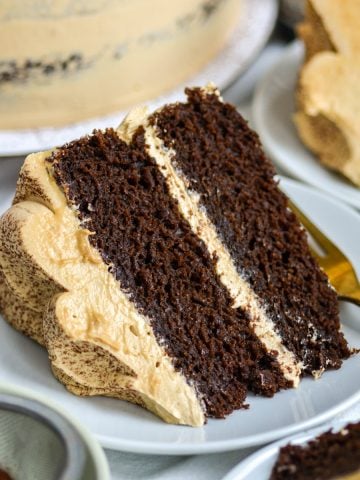 A slice of Chocolate Espresso Cake on a white plate.