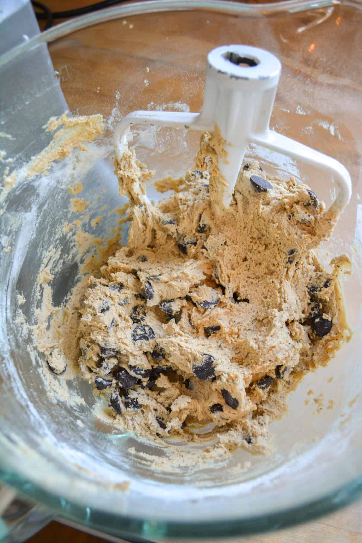 Cookie dough in a glass bowl.