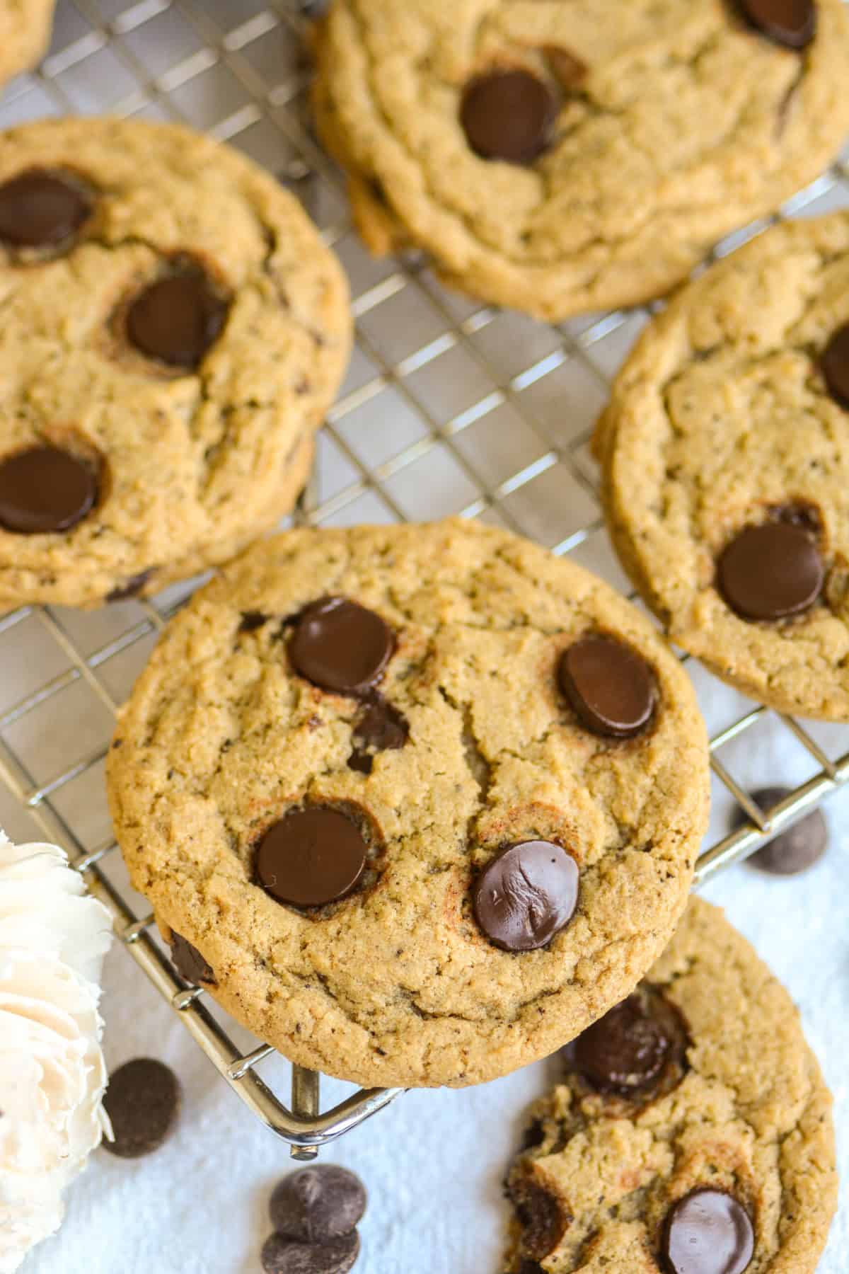 Vegan Coffee Chocolate Chip Cookies on a wire cooling rack.