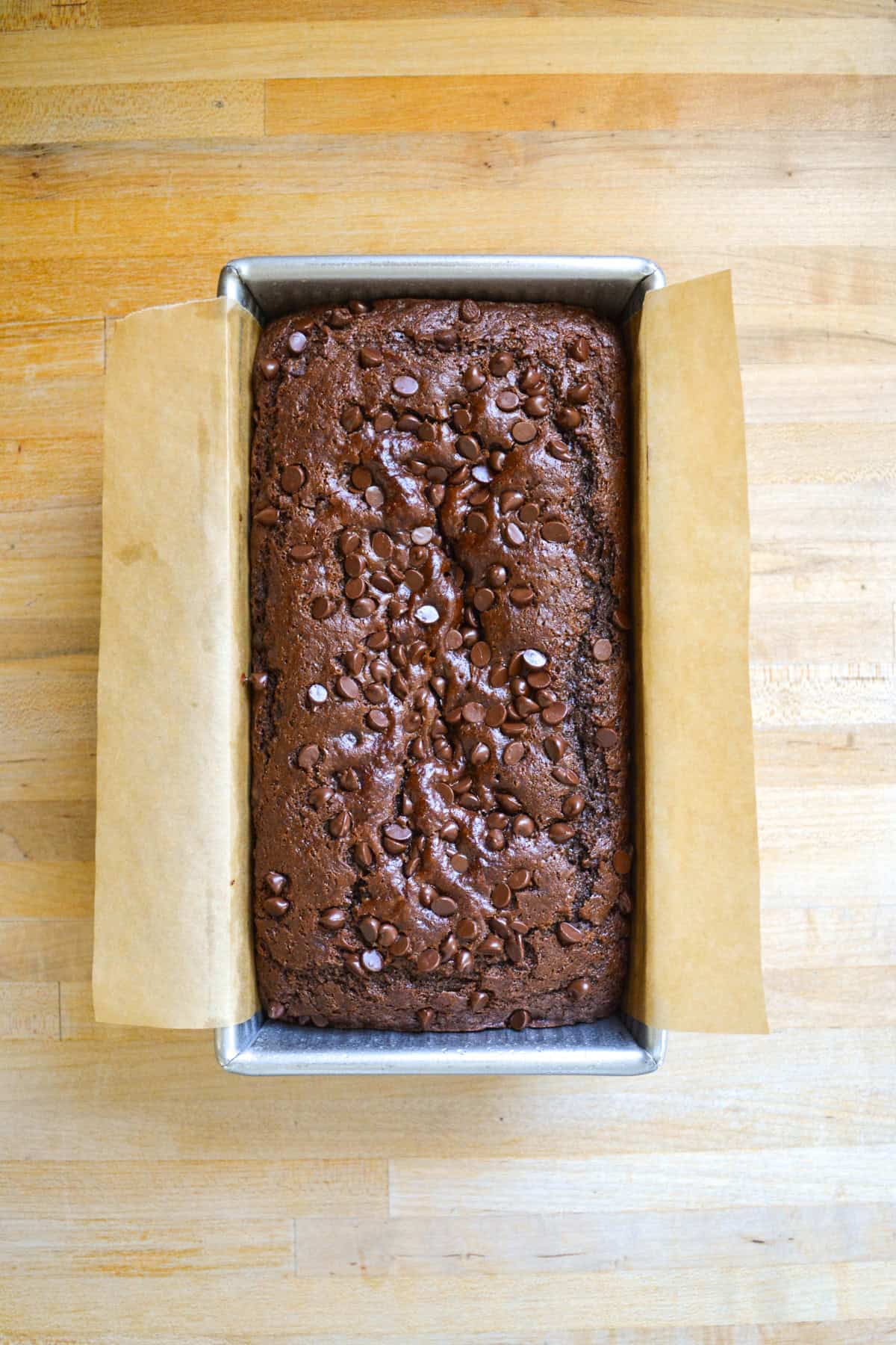 Baked Chocolate Loaf cake in a load pan.