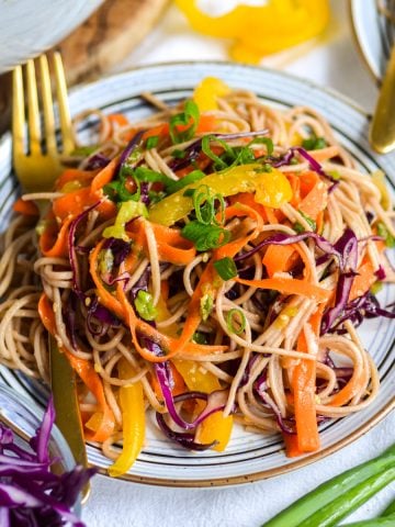 Soba Noodle Salad on a plate with a gold fork.
