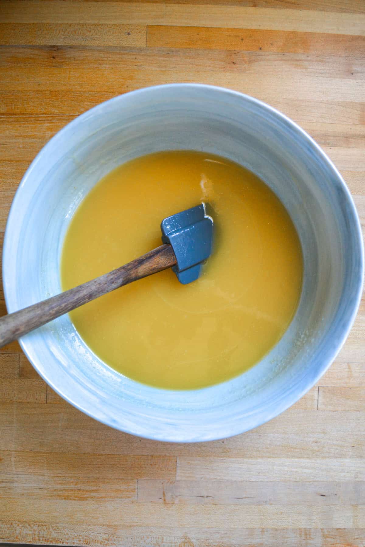 Wet ingredients in a large mixing bowl.