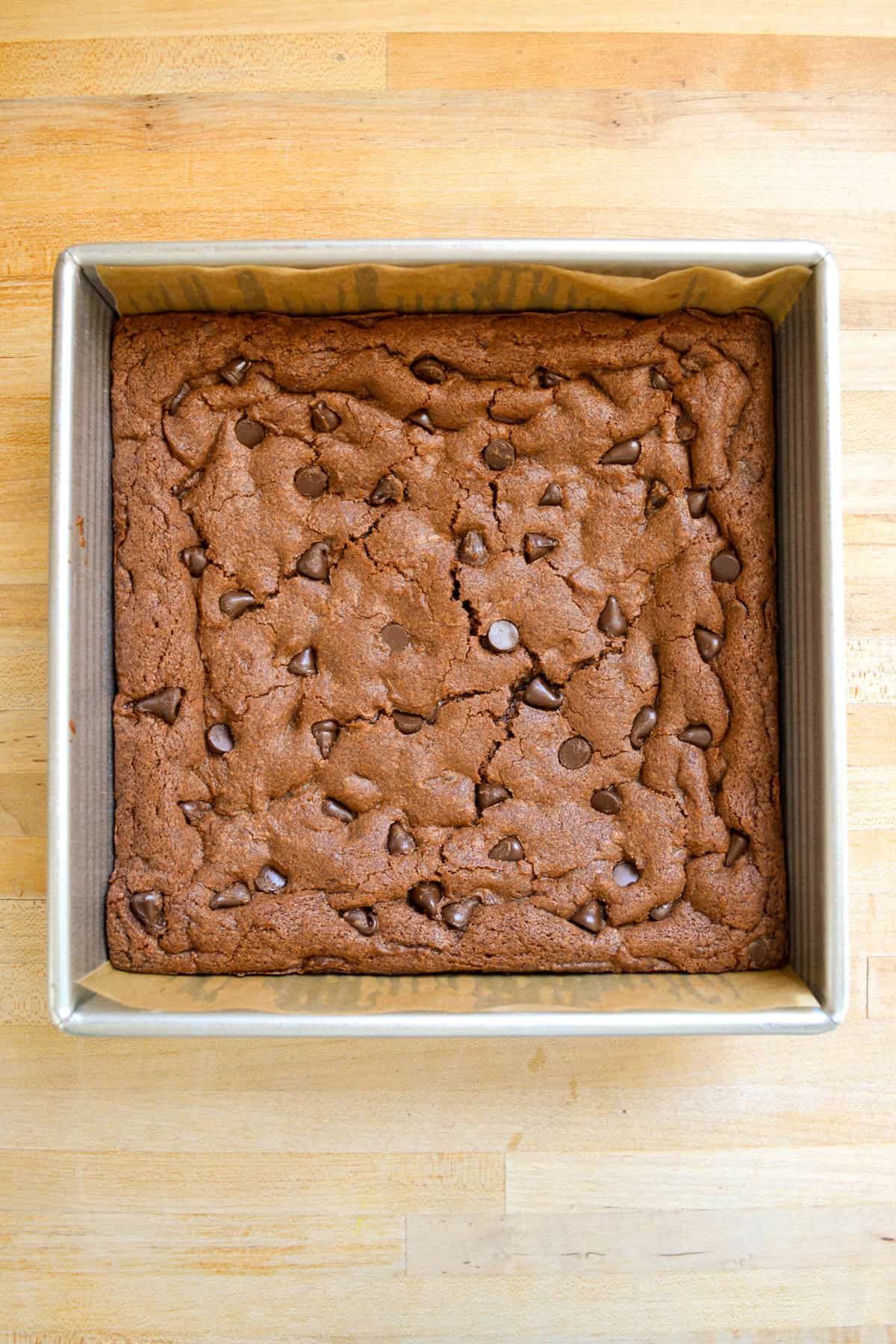 Baked Chocolate Cookie Bars in a square pan.
