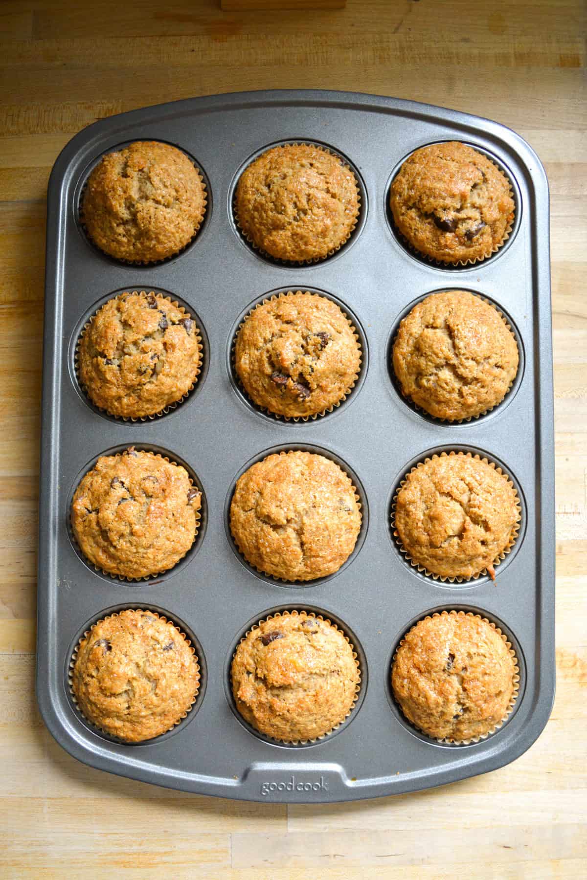 Baked muffins in a muffin tin.