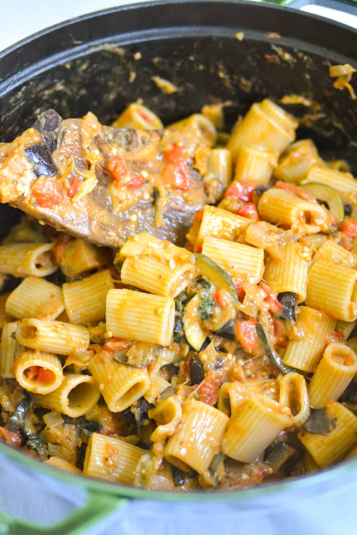Rigatoni stirred into the creamy roasted vegetables.